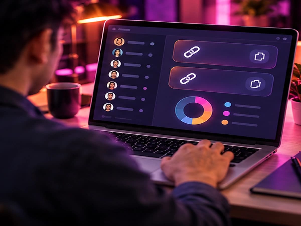 Agency owner using an agency dashboard with a team list and invite-link cards on a laptop